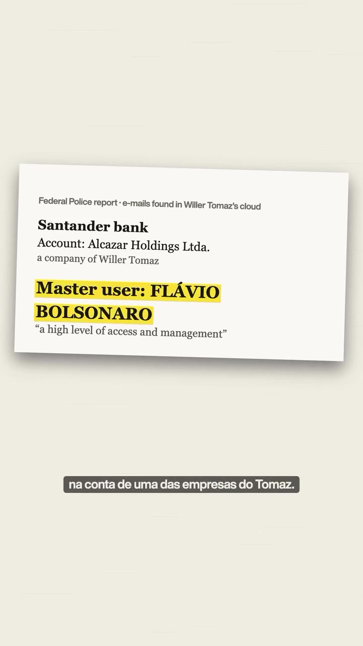 Relatório da Polícia Federal: conta no Santander da Alcazar Holdings Ltda., empresa de Willer Tomaz, com Flávio Bolsonaro como usuário master, com "alto nível de acesso e gestão"