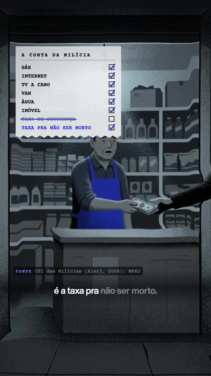 A conta da milícia: gás, internet, TV a cabo, van, água, imóvel e a "taxa de segurança", que na prática é a taxa para não ser morto. Fonte: CPI das Milícias (Alerj, 2008); MPRJ